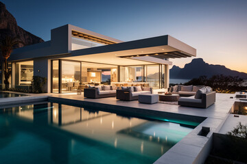 Fototapeta premium Contemporary Masterpiece: Captivating View of a Modern Villa, Expanding the Boundaries of Luxury Living with its Open-Concept Layouts
