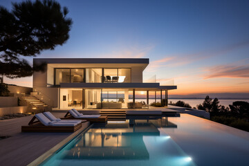 Fototapeta premium Contemporary Masterpiece: Captivating View of a Modern Villa, Expanding the Boundaries of Luxury Living with its Open-Concept Layouts