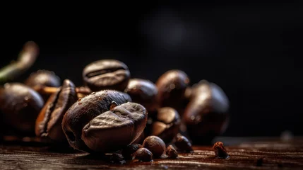 Tuinposter Coffee beans on wooden table with black background © Saurav