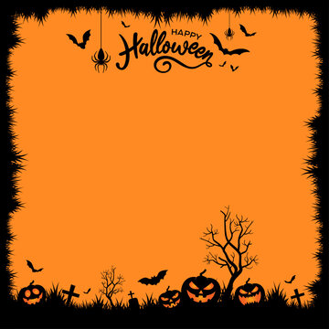 Happy Halloween message background vector design with Halloween theme, silhouette, copy space 
for social media post, poster,  flyer, sayings, bunting, gift tags, signs, slide, frame, border, template