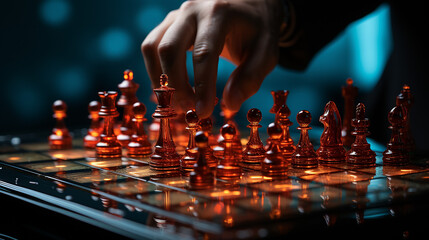Nahaufnahme - Hand eines Geschäftsmannes, der Schach spielt. Geschäftsstrategiekonzept.