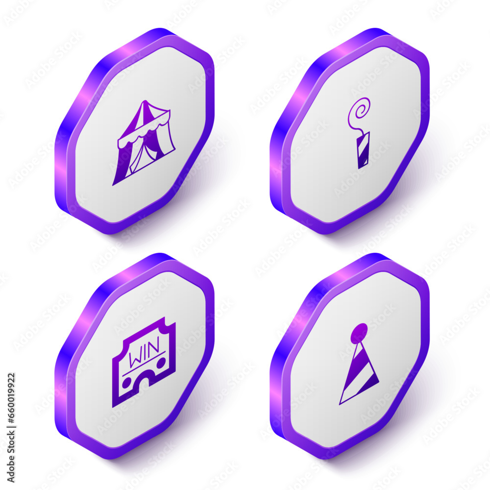 Canvas Prints Set Isometric Circus tent, Birthday party horn, Casino win and Party hat icon. Purple hexagon button. Vector