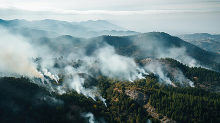 white smoke emanating from a forest in the Alps, view from the top of green mountain, panoramic landscape aerial, wallpaper for nature preservation - Powered by Adobe