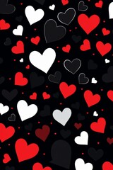 Pattern with red, white and black hearts on a black background. Top view, flat lay. Wallpaper. Valentine's Day.