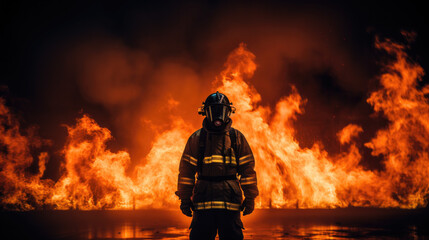 firefighter standing in front of a large fire, epic background of an hero in the face of danger - obrazy, fototapety, plakaty