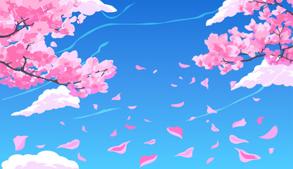 Pink blossoming sakura cherry branches with petals falling against the background of a bright blue sky with clouds.