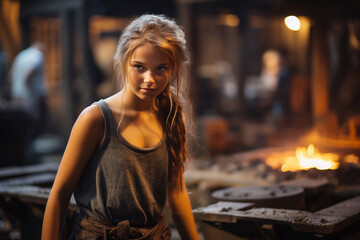 Portrait of a young female in a black apron at the forge. concept zombie girl Generative AI
