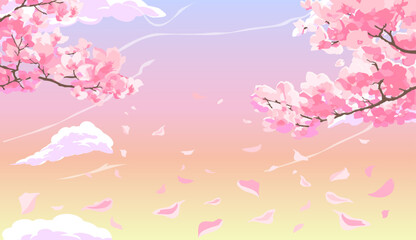 Pink blossoming sakura branches with petals falling against the background of a pink sunset sky with clouds.