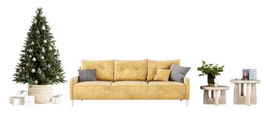 Living room with christmas tree and yellow sofa, table isolated on white