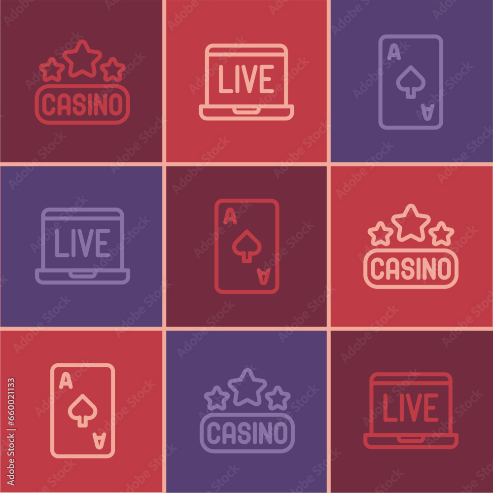 Sticker Set line Casino signboard, Playing card with spades symbol and Online poker table game icon. Vector