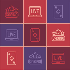 Set line Casino signboard, Playing card with spades symbol and Online poker table game icon. Vector