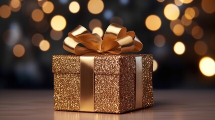 Photo of a golden Christmas  gift box with a beautiful bow on a table created with Generative AI technology
