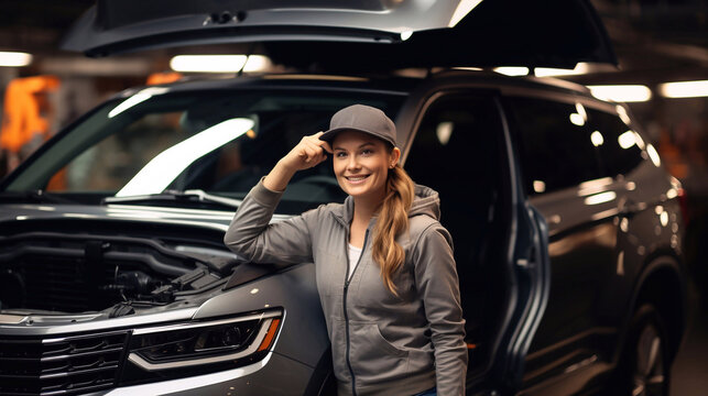 Young beautiful woman in cap standing near car and looking at camera. at work shop open car bonnet Generative AI