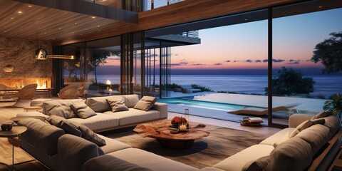AI Generated. AI Generative. Luxury hotel villa house patio mansion style living relaxing room with big window and view on sea ocean landscape background.  Graphic Art - obrazy, fototapety, plakaty
