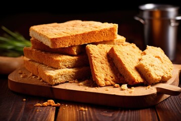 pile of gluten-rich bread on a wooden chopping board