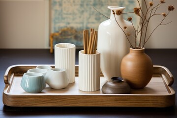Fototapeta na wymiar mid-century style wooden tray with ceramic objects