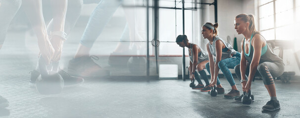 Fitness, banner and squat, women in gym together for workout commitment and weight lifting on mockup. Overlay, exercise club and woman in class with kettlebell challenge, power and double exposure