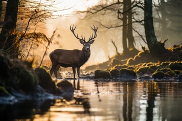 Red deer standing in the edge of a river in foggy forest. Created with Generative AI