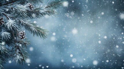 Winter background with pine branches and falling snowflakes, generative ai