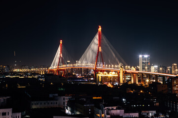 Fototapeta na wymiar Yangpu Bridge, Yangpu District, Shanghai - low angle view of the illuminated bridge at night