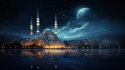 Fototapeta na wymiar Night view of the mosque overlooking the city lights and the strait
