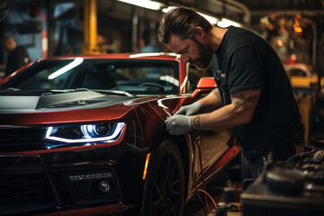Fototapeta na wymiar Handsome mechanic repairing car in repair shop or garage. Created with Generative AI