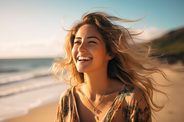Beach Bliss Radiant and Joyful Woman Basks in Sunlight, Reveling in a Relaxing Vacation by the Ocean. created with Generative AI