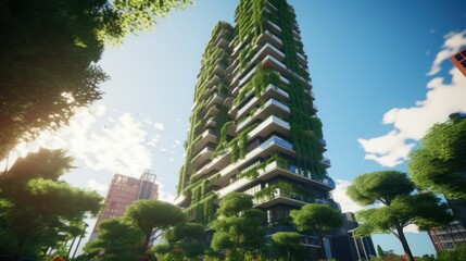 Green skyscraper building with plants growing on the facade. Ecology and green life in the city, urban environment concept. Park in the sky, one central building of the park - obrazy, fototapety, plakaty