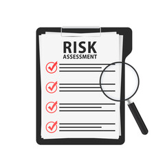 Risk assessment concept with form and magnifier. Document on white isolated background. Assessment data sign business concept. Identification analysis. Vector illustration