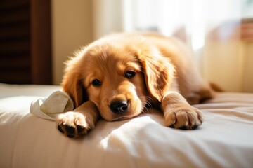 puppy with a bandaged paw in a soft light