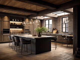 Captivating Harmony of Rustic and Modern: Enchanting Kitchen Bathed in Ambient Lighting