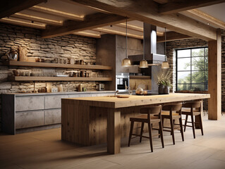 Captivating Harmony of Rustic and Modern: Enchanting Kitchen Bathed in Ambient Lighting