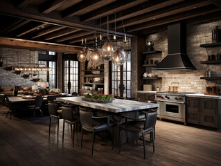 Fototapeta na wymiar Captivating Harmony of Rustic and Modern: Enchanting Kitchen Bathed in Ambient Lighting