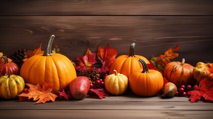 Thanksgiving or autumn scene with pumpkins, autumn leaves and berries on wooden table. Autumn background with copy space. Banner