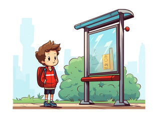 A boy is waiting for the bus at the bus stop on white background. 2D flat cartoon style illustration.