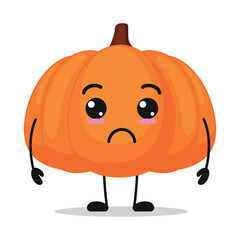 Cute sad pumpkin character. Funny unhappy fruit cartoon emoticon in flat style. closet vector illustration