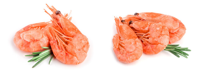Red cooked prawn or shrimp with rosemary isolated on white background