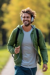Fototapeta premium Vertical photo of a young Scandinavian man with backpack during a walk in the summer park to his favorite music in headphones. Alone with yourself away from the noise of the big city.