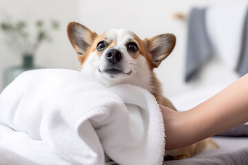 Smiling puppy little corgi dog after bath soap bubble foam wrapped in white towel, Just washed cute dog at home, - obrazy, fototapety, plakaty