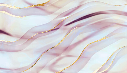 Elegant silk background print design with gold texture and glitter waves.