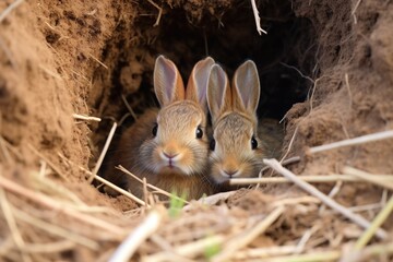 Naklejka na ściany i meble a pair of rabbits with baby bunnies in a burrow