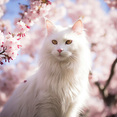 Naklejka na ściany i meble Cherry Blossom Gaze: A White Cat's Springtime Reverie