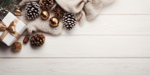 Christmas composition. Christmas gift, pine cones, knitted blanket, fir branches on wooden white background. Flat lay, top view, copy space, generative ai