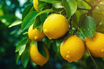 Ripe yellow lemons on lemon tree. Fresh citrus fruits with green leaves.