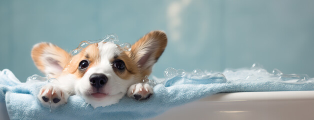 Fototapety  banner Smiling puppy little corgi dog after bath soap bubble foam wrapped in white towel, Just washed cute dog at home, copyspace.