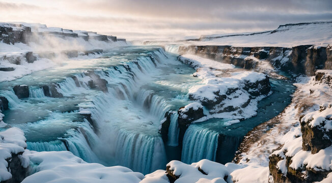 waterfall view and winter Lanscape picture in the winter season, wilderness, lagoon, north, scene, volcano, arctic, hot, ice, iceland, island, light, nordic, rock, scenic, volcanic, adventure