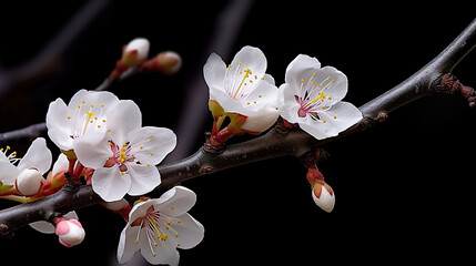 Photo-realistic image of a branch of white cherry blossom flowers with pink and yellow stamens,blossom in spring,blossom in spring