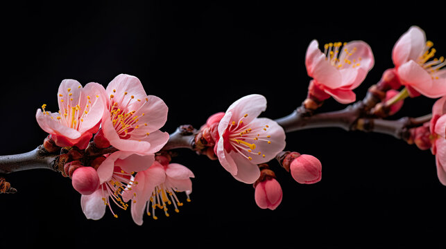 Photo-realistic image of a branch of white cherry blossom flowers with pink and yellow stamens,blossom in spring,blossom in spring