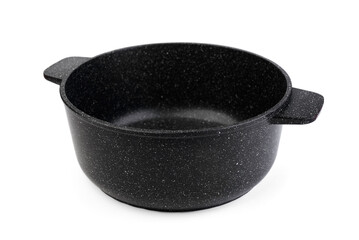 Empty marble coated iron pot or saucepan isolated on a white background.