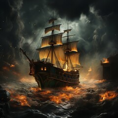 Obraz premium Five ships at sea in rainstorm